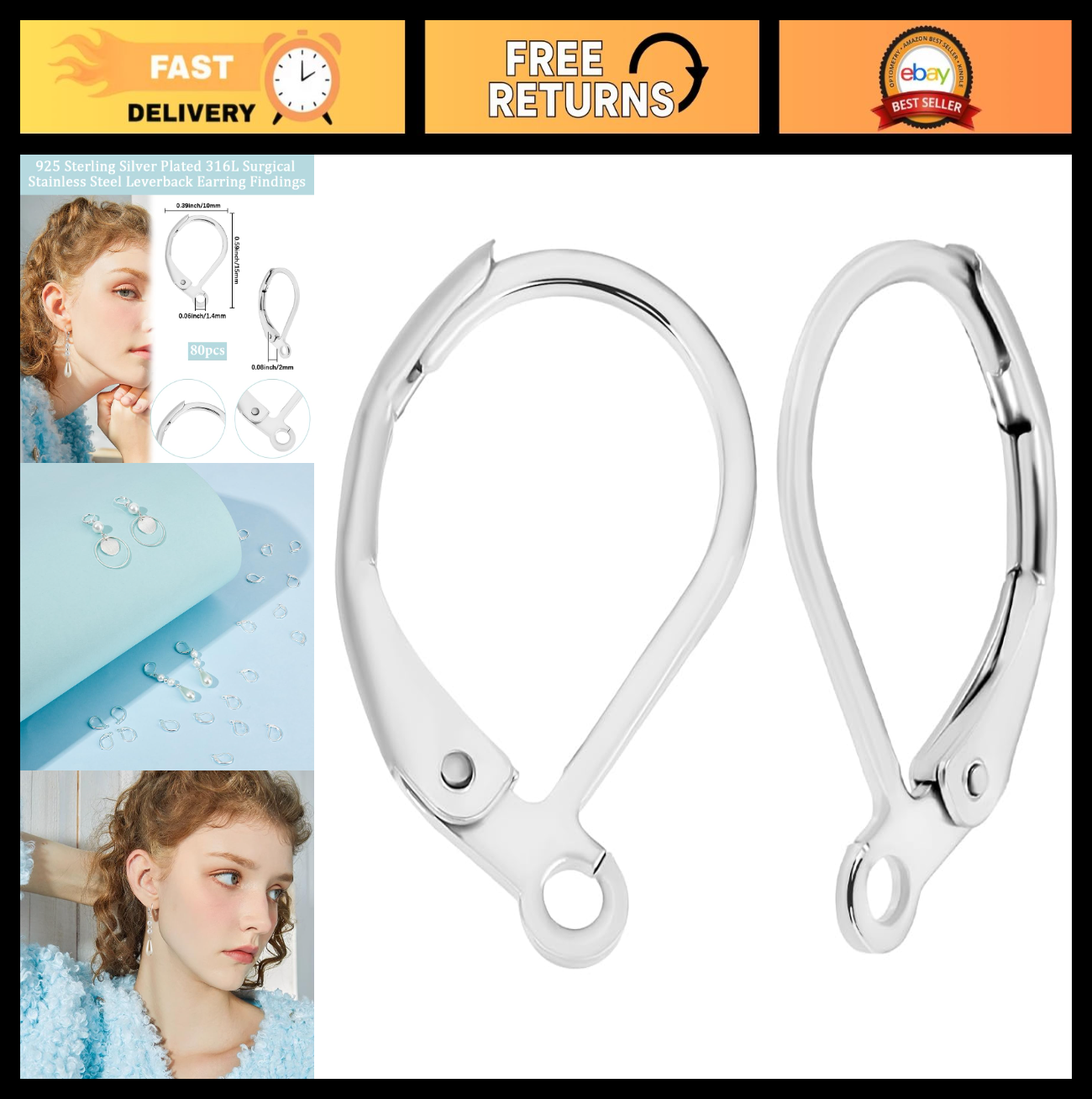 80 Pcs 925 Sterling Silver Plated Stainless Steel French Leverback Earring Hooks
