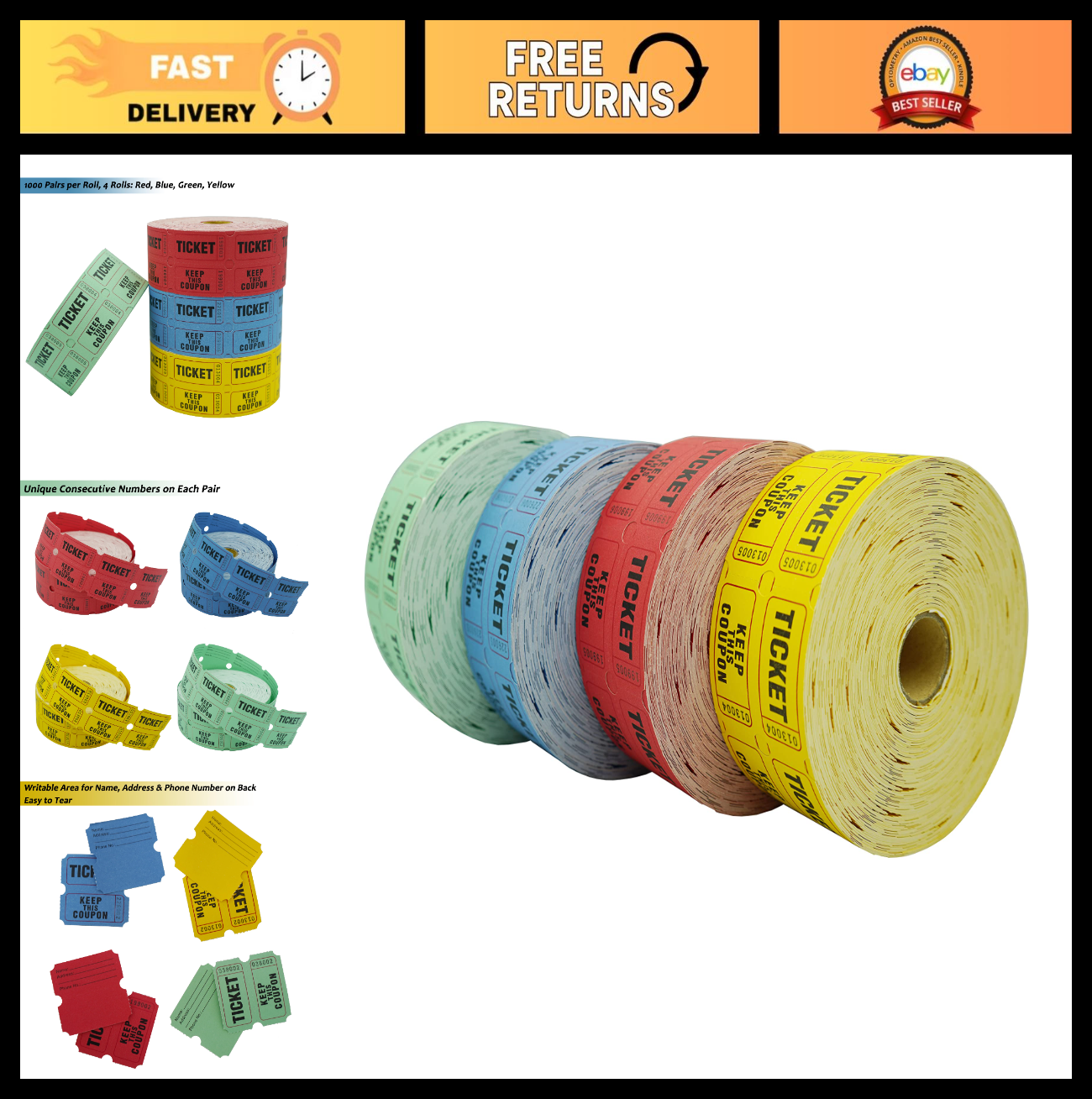 4000 Pairs Raffle Tickets - 4 Color Set, 50/50 Double Roll, 2x2 Inch, Event Fund