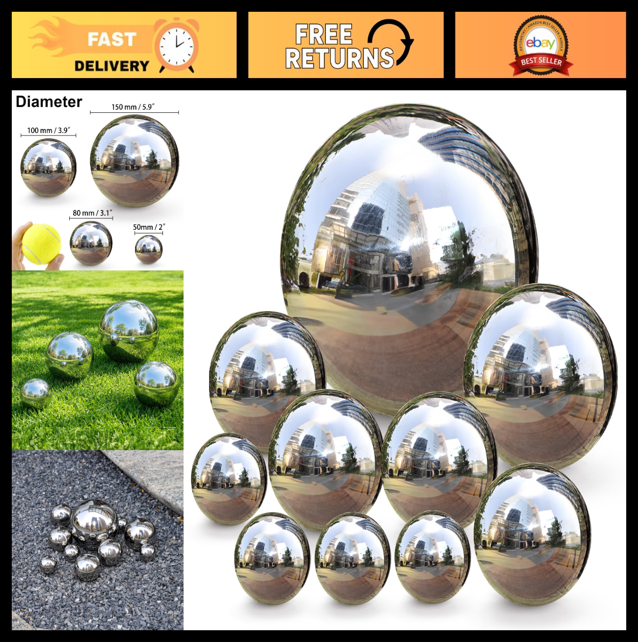 10 Pack Stainless Steel Garden Gazing Balls, Reflective Mirror Spheres for Outdo