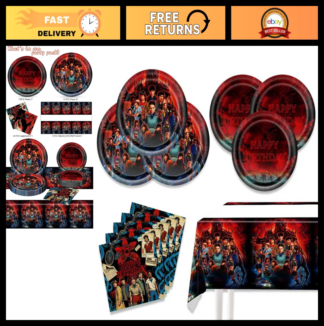 Stranger Things Party Supplies Set - 20 Plates, 20 Napkins & Tablecover for Birt