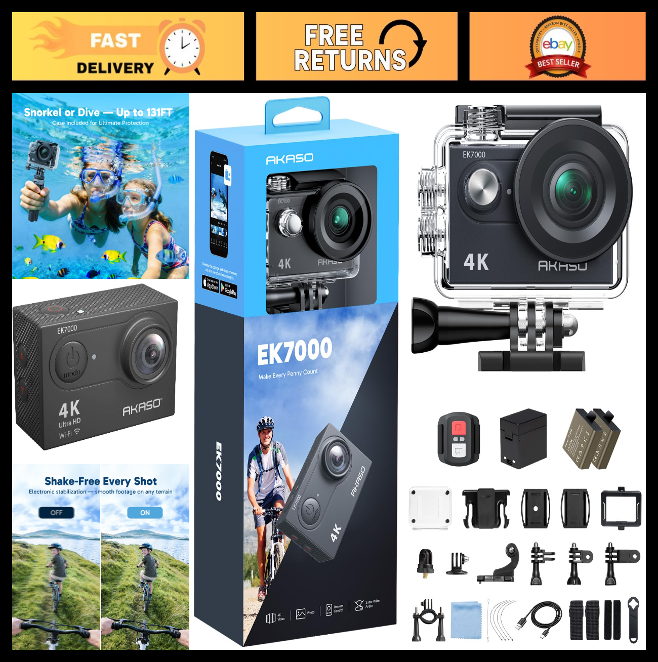 4K Action Camera 20MP WiFi EIS Ultra HD Waterproof 131FT Remote Control 4X Zoom