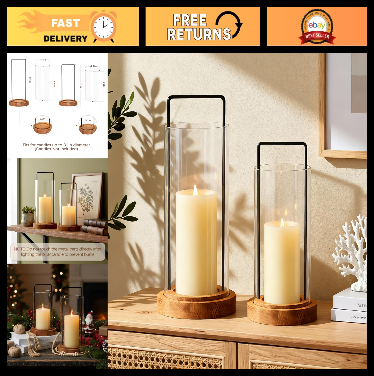 Set of 2 Hurricane Candle Holders Lanterns - 12” & 10” - Wood Base