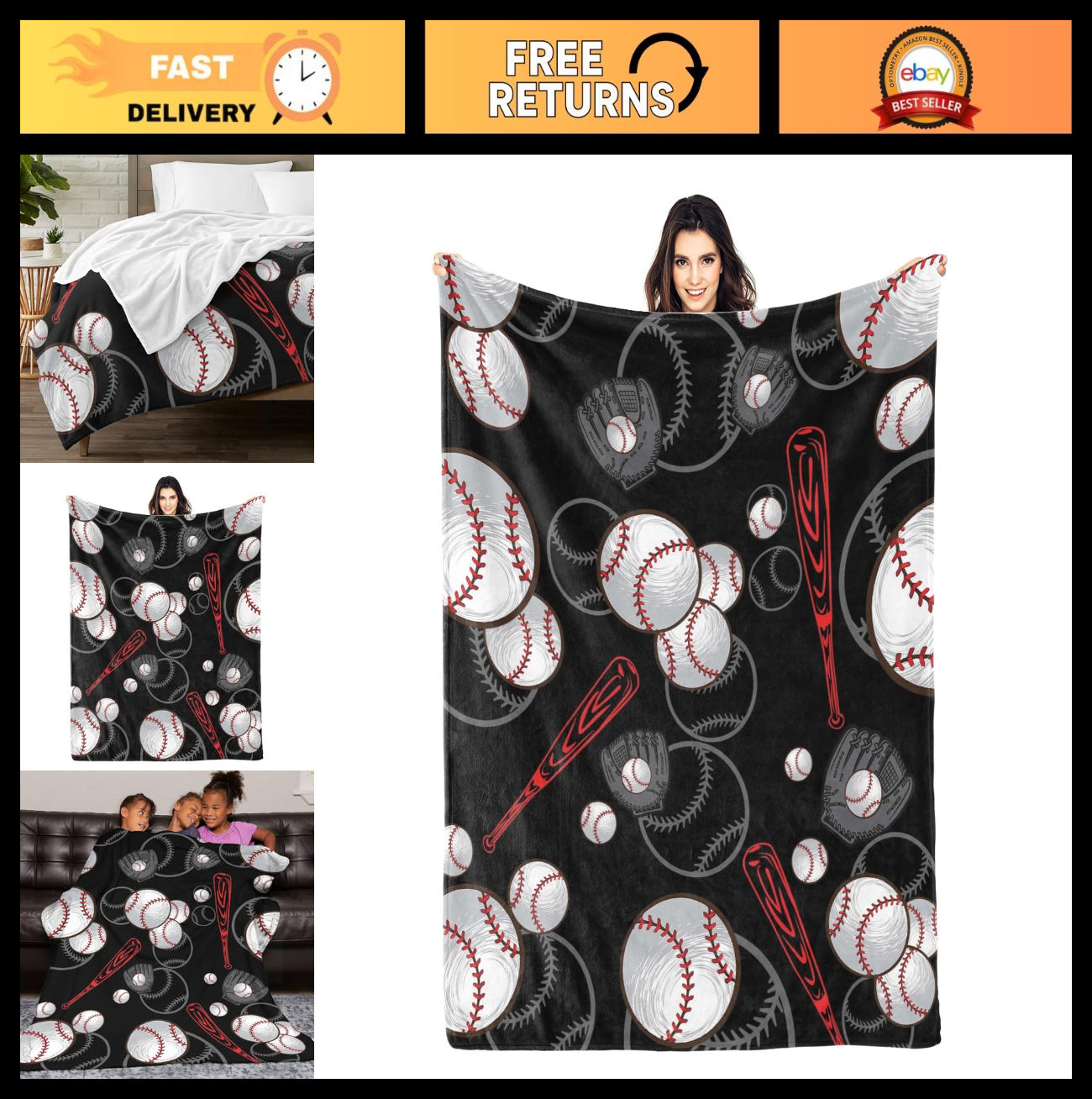 Cozy Baseball Throw Blanket - Perfect Gift for Kids, Teens & Adults - 50"x40