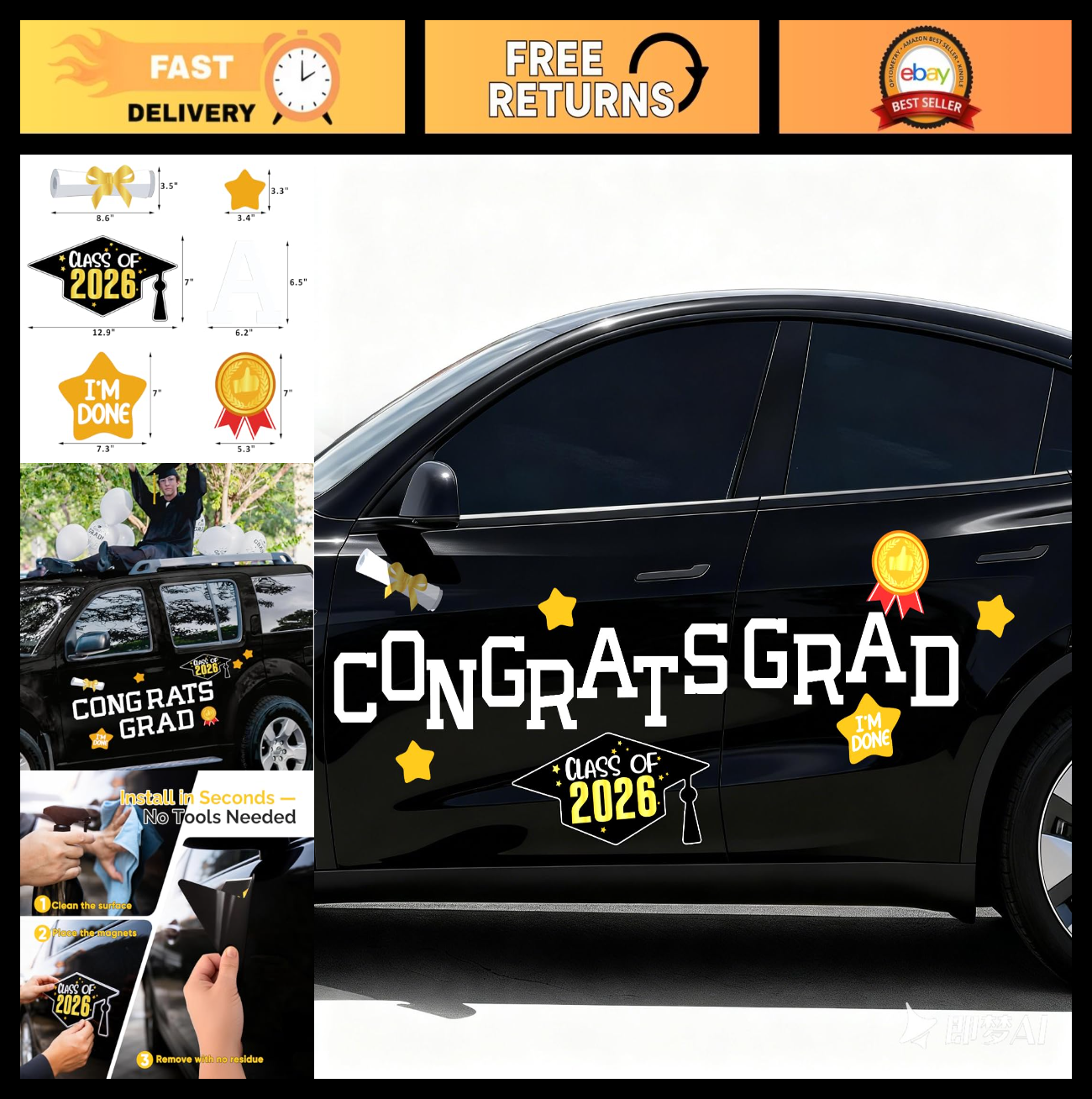 2026 Graduation Car Decorations - Magnetic Parade Banners & Signs - White Party