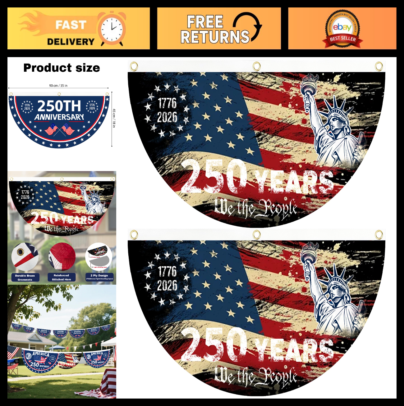 2PCS 250th Anniversary USA Flag 1.5x3 FT - American Independence Day Decor, Outd