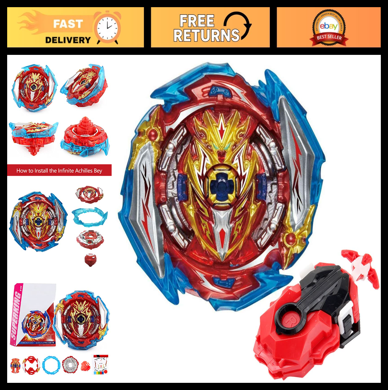 Red Beyblade Launcher Set - Infinite Achilles Top, Left/Right Spin
