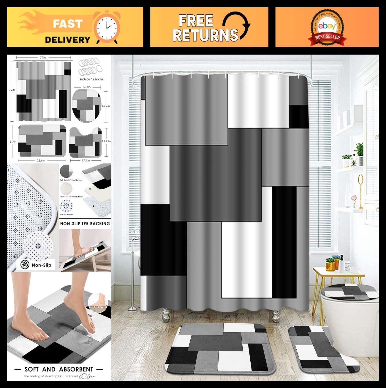 Modern Geometric Gray Bathroom Set - Shower Curtain, Rugs & Accessories, 4 Pcs