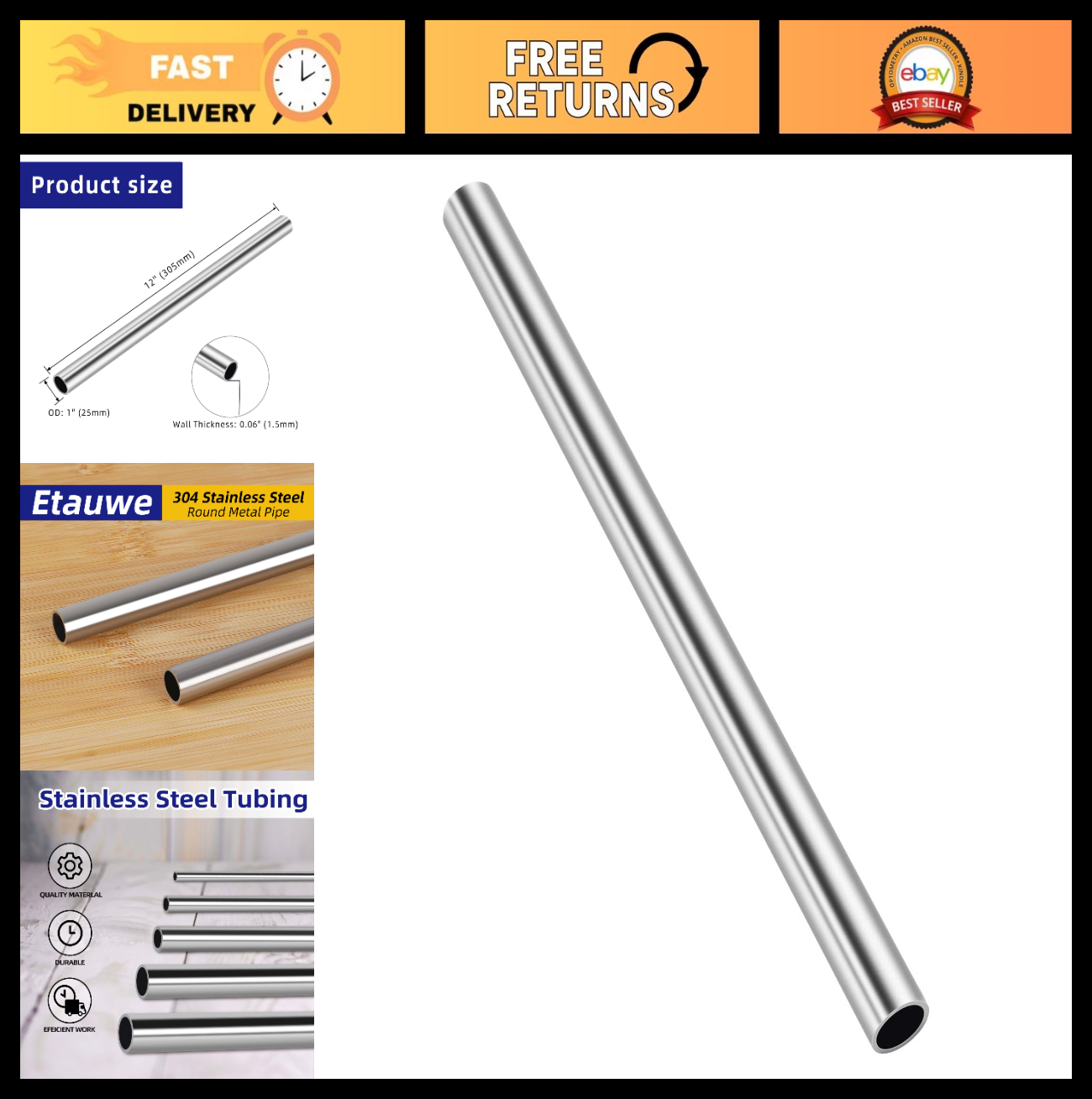 1" OD 304 Stainless Steel Round Pipe - 12" Weldable Industrial Tubing, 1 PCS