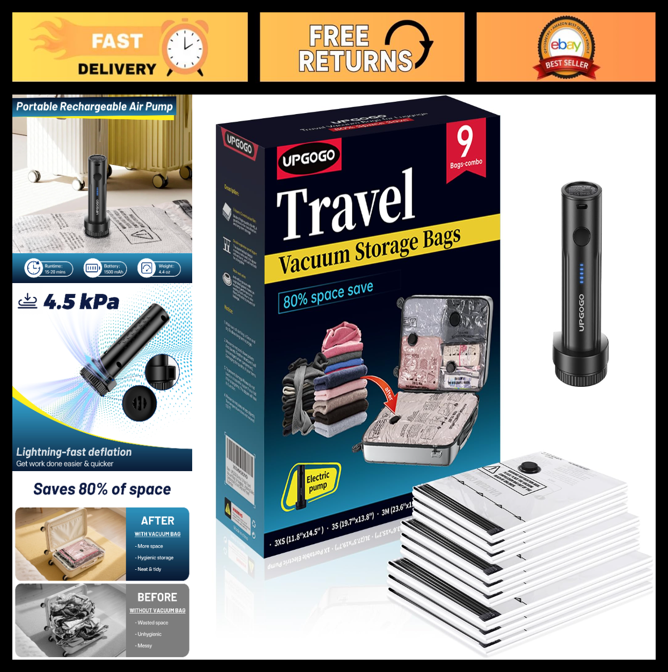Travel Vacuum Bags with Electric Pump - Compression Packing Cubes, 9 Pack