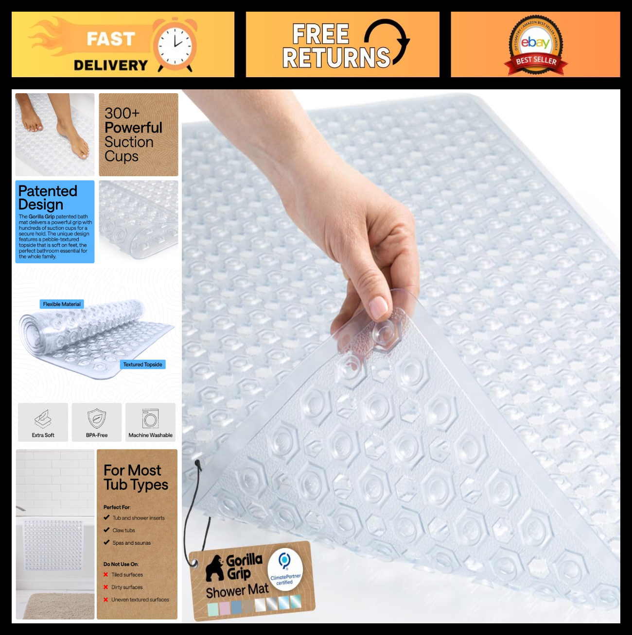 Non-Slip Bath Tub Shower Mat, Machine Washable, Suction Cups, Drain Holes, 35x16