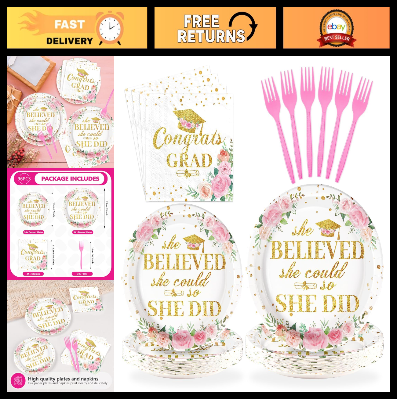 96Pcs Pink Graduation Decorations Set - Floral Plates & Napkins for 24 Guests