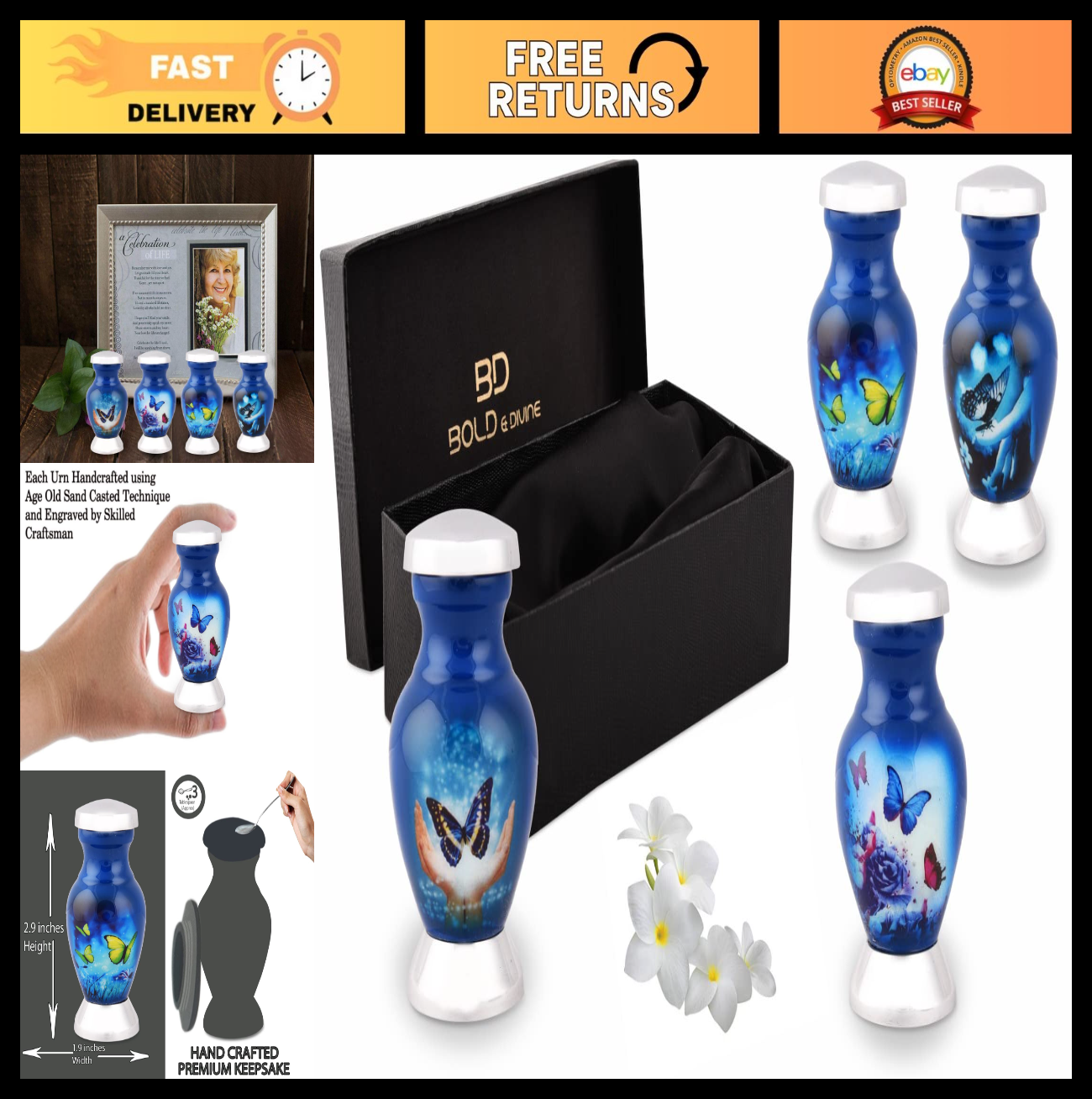 Butterfly Cremation Urns for Ashes | Decorative Funeral Urns Set of 4 (Blue)
