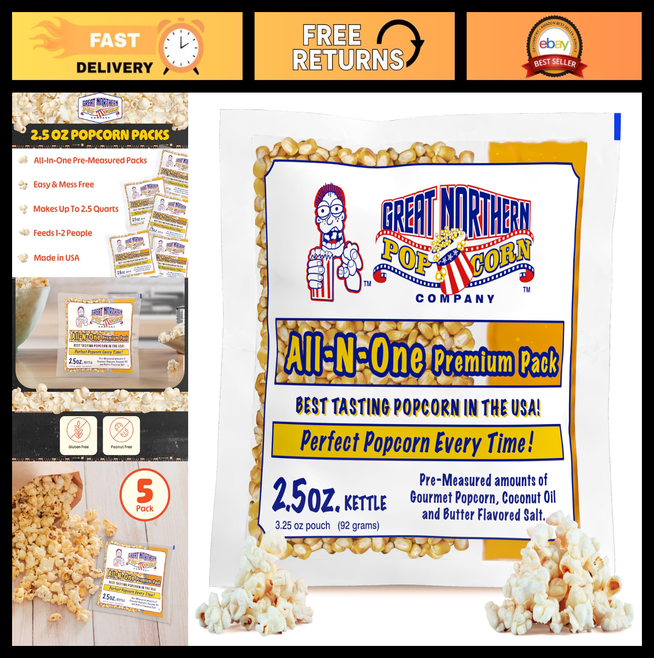 Movie Theater Style Popcorn Packs 2.5oz - 5 Count, Perfect for Parties & Snacks