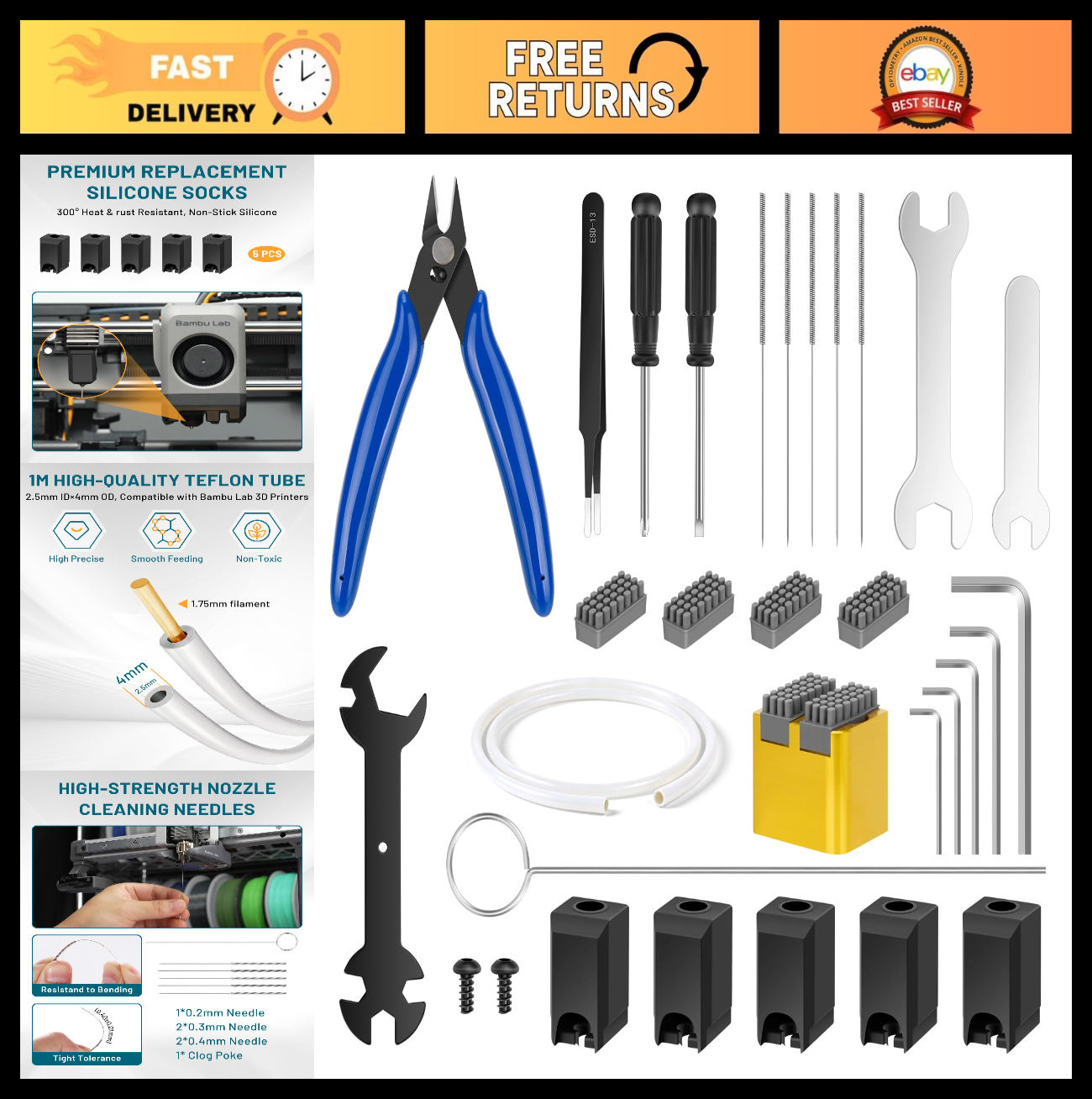 3D Printer Maintenance Tool Kit - Nozzle Cleaners, Silicone Socks, Wrenches & Mo
