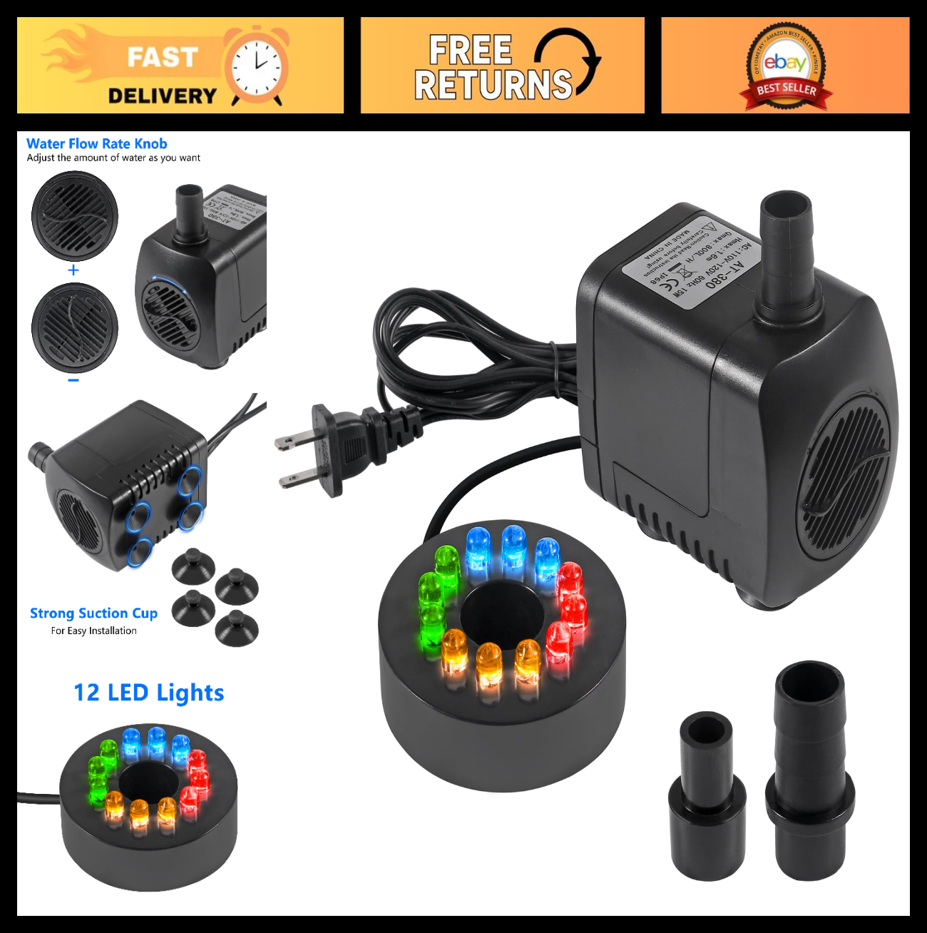 15W Submersible Water Pump with LED Lights - 260GPH for Aquarium, Pond, Fountain