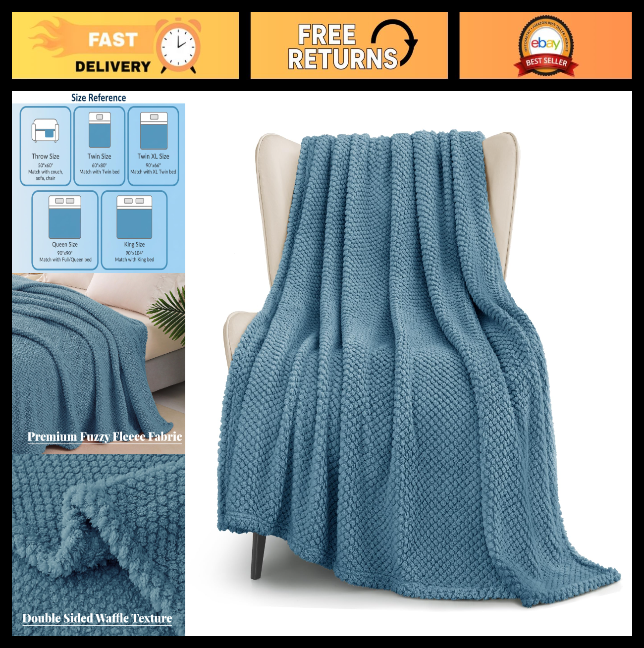 Soft Fleece Throw Blanket 50x70 Inch - Slate Blue, Cozy Fluffy Jacquard for Couc
