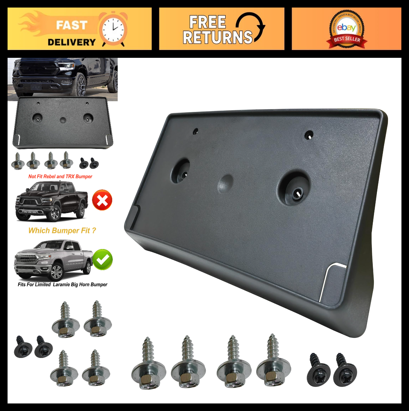 Front Bumper License Plate Frame Holder for 2019-2024 Dodge Ram 1500, Replace CH