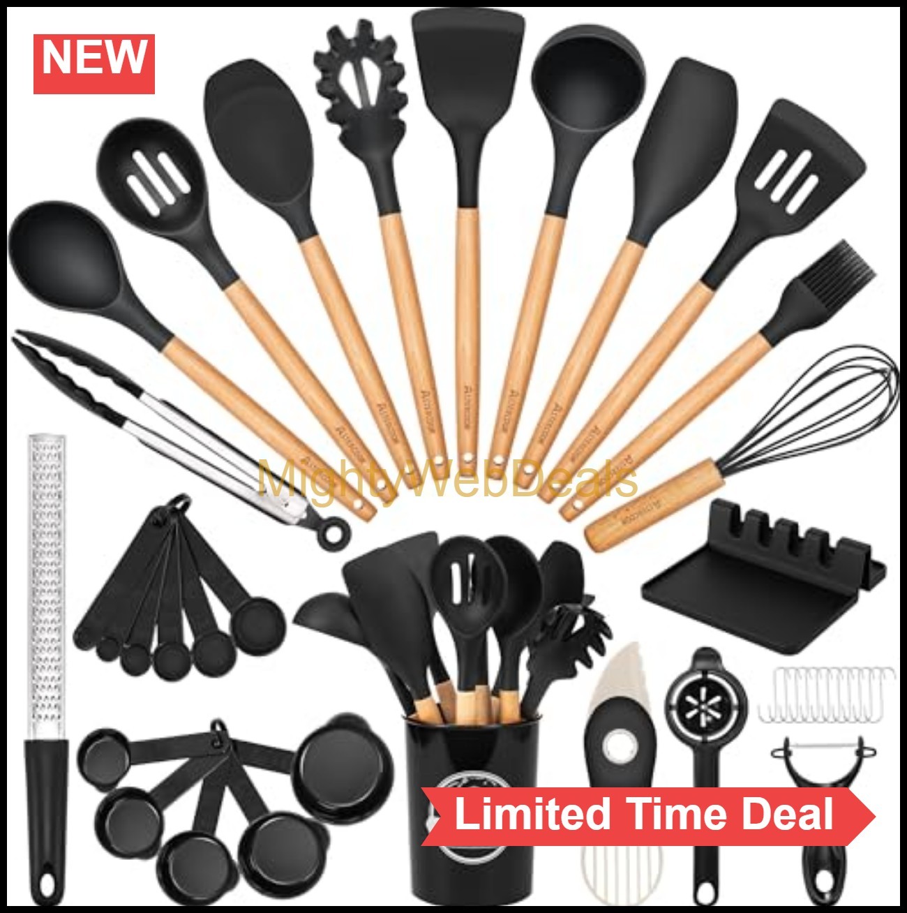 Kitchen Utensil Set 39 Piece Silicone Wood Handle 446F Heat Resistant BPA Free