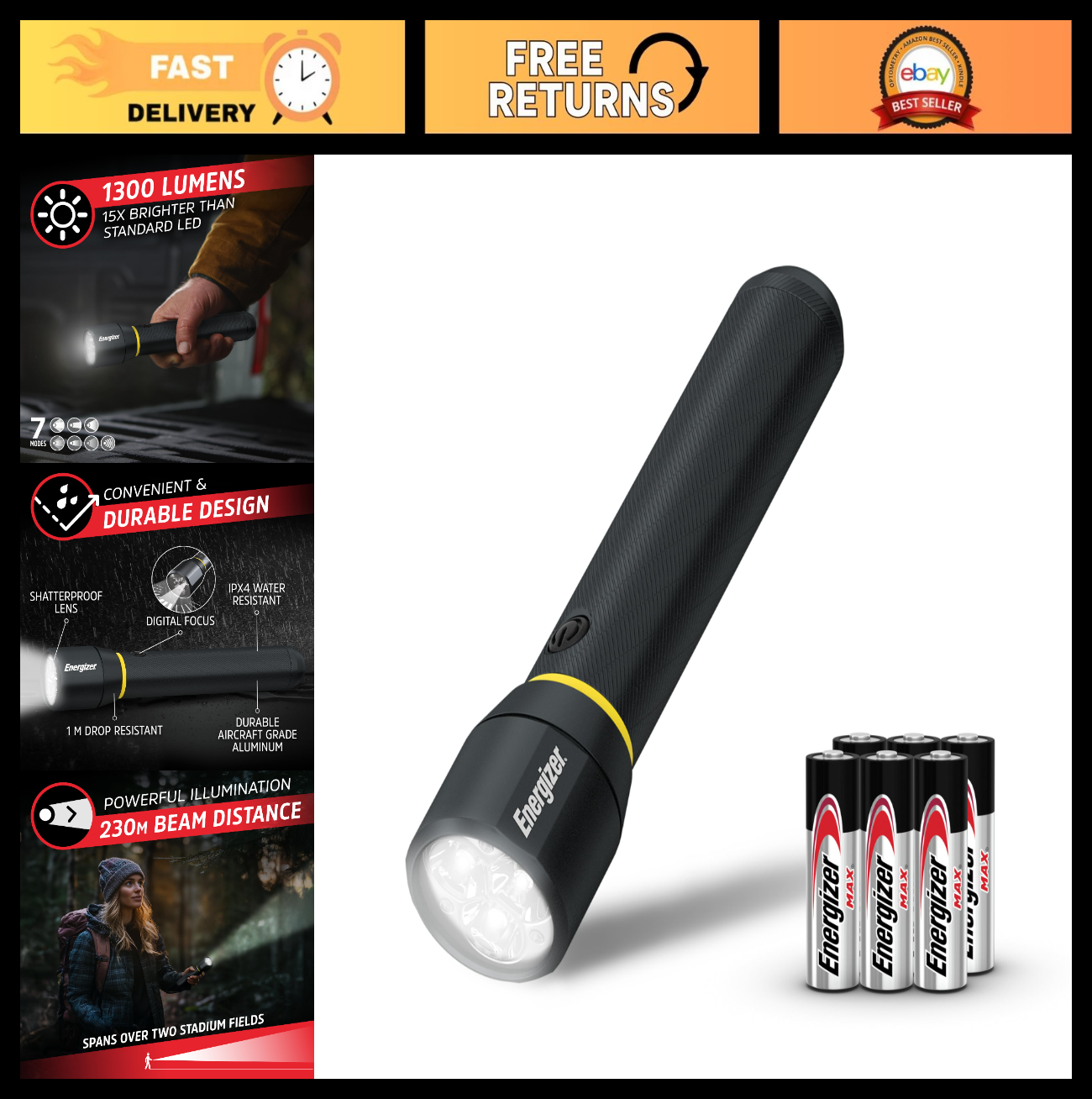 Ultra Bright 1000+ Lumens LED Flashlight, IPX4 Water Resistant, Rugged Metal Lig