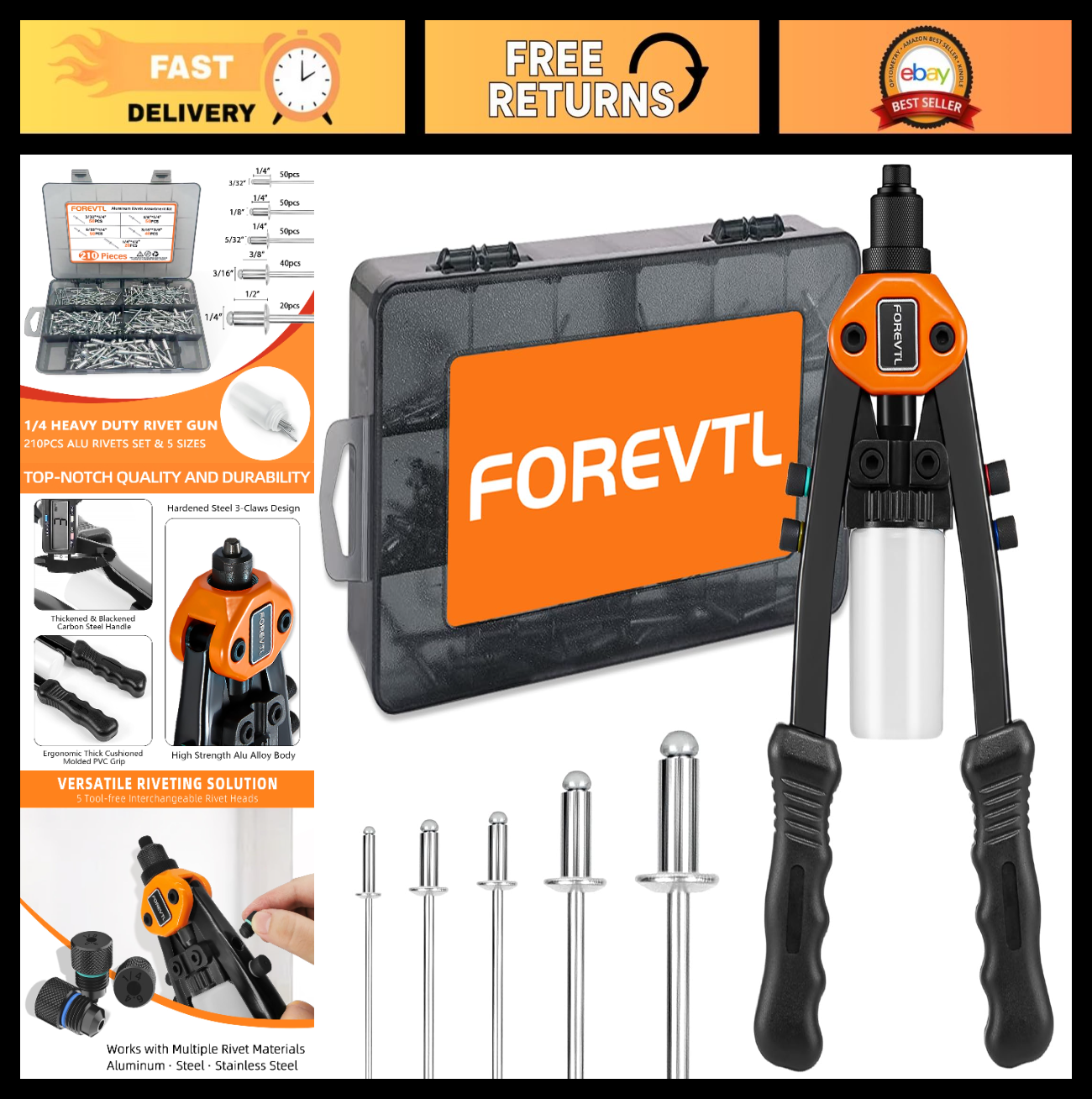 210Pcs Rivet Gun Kit with 5 Interchangeable Heads | 13