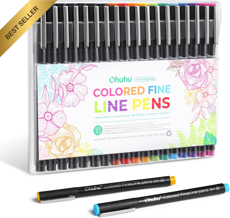 Colored Fineliner Drawing Pens: 18 Pack Fineliner Pens 0.45Mm 11 Colored Pens & 