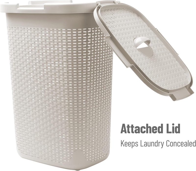 60L Slim Laundry Hamper, Clothes Basket, Lid, Wicker Design, Plastic, 17.65" L x