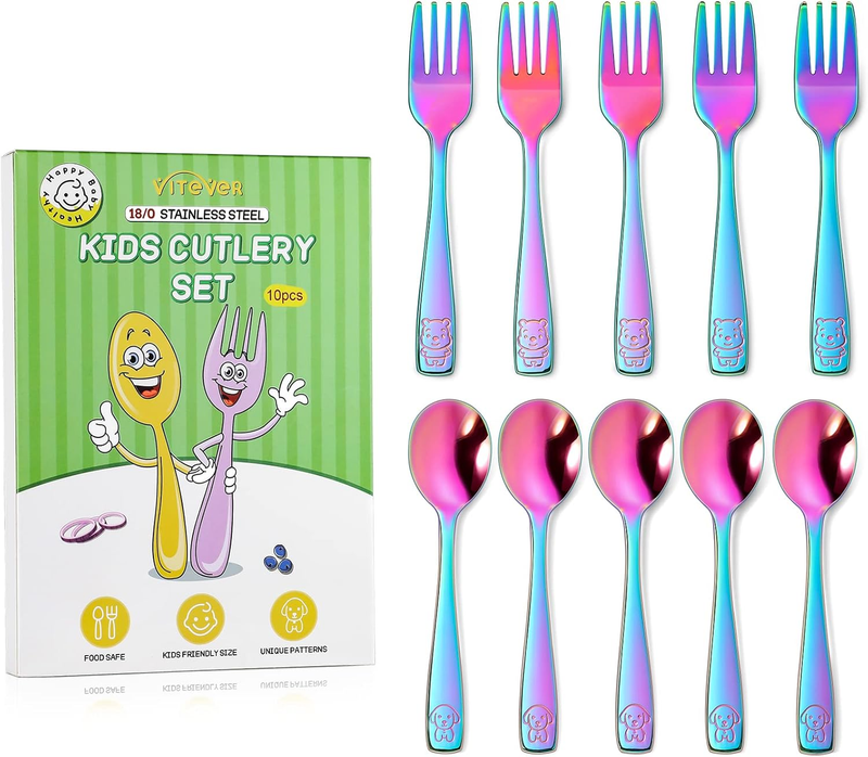 10 Pack Toddler Utensils, Stainless Steel Rainbow Silverware Set for Kids, Children Safe Cutlery Set Includes Forks and Spoons - Dishwasher Safe