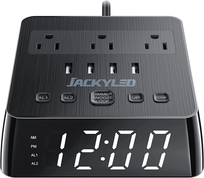 Alarm Clock with 4 USB Chargers, Power Strip 3 Outlets, 1700