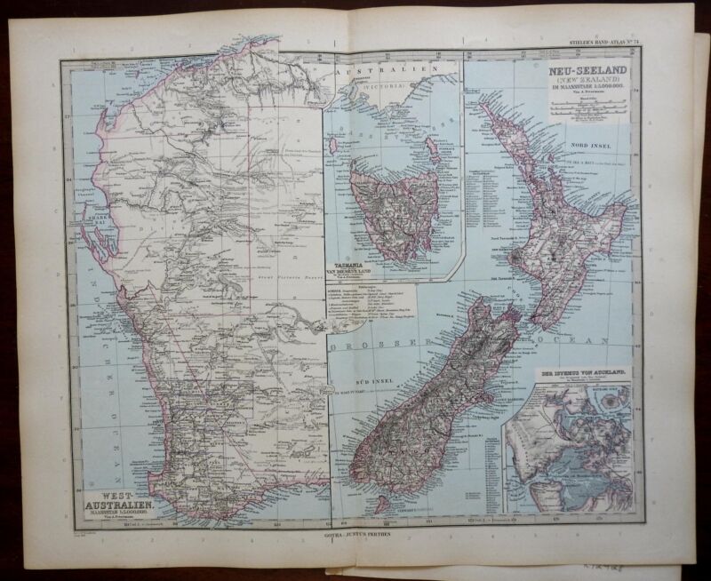 Australia New Zealand Tasmania Auckland Perth 1889 Stieler detailed map