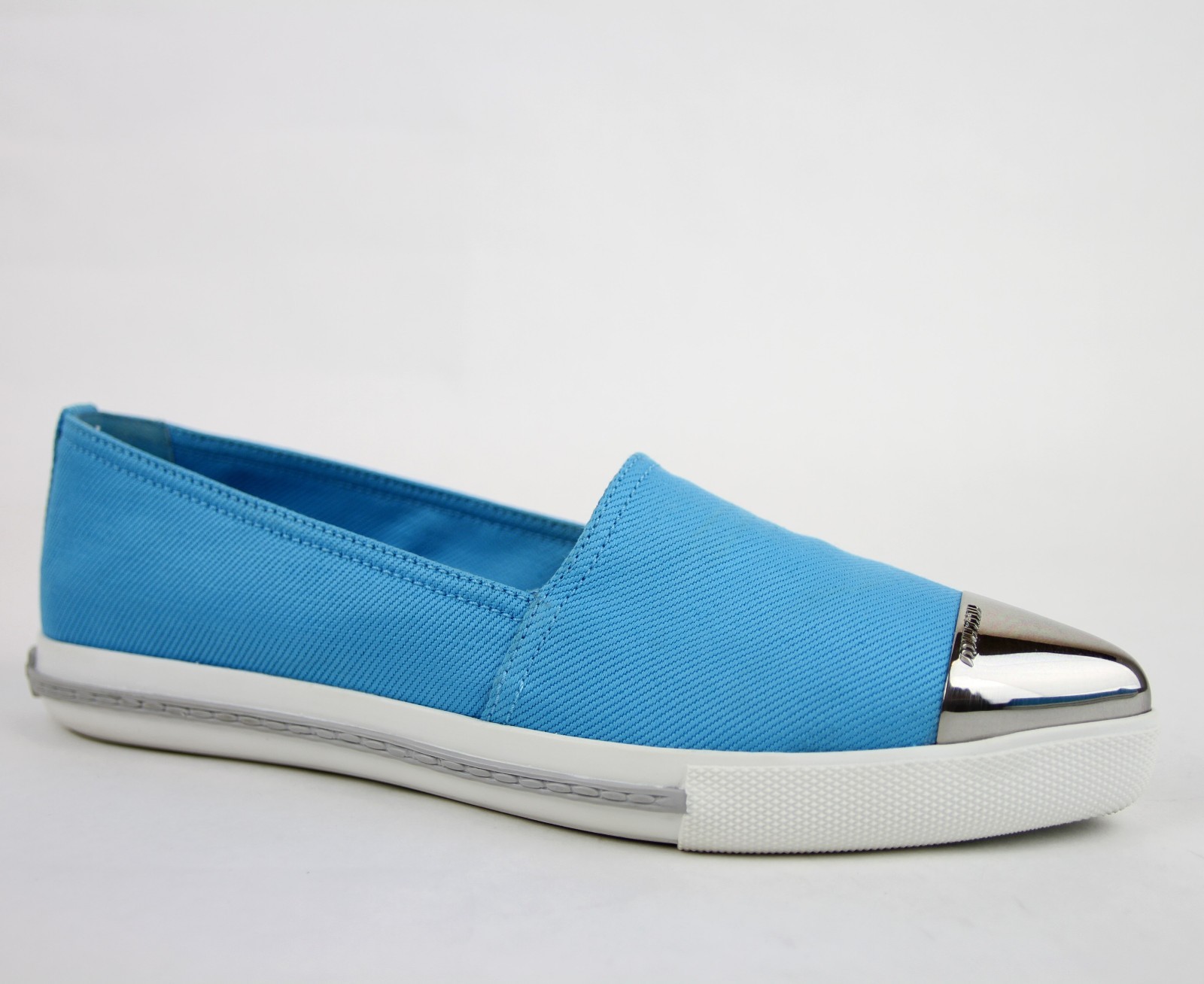 Miu Miu Aqua Blue Canvas Pointed Toe Slip-on Shoes w/rubber