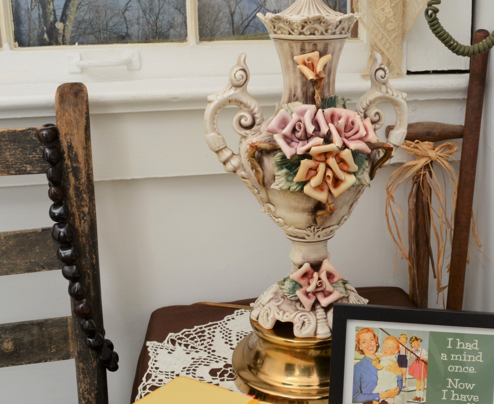 エンジェル　カポディモンテ　陶器　薔薇　アンティークランプ ANTIQUE CAPODIMONTE PORCELAIN LAMP ITALIAN ROSE FLOWER