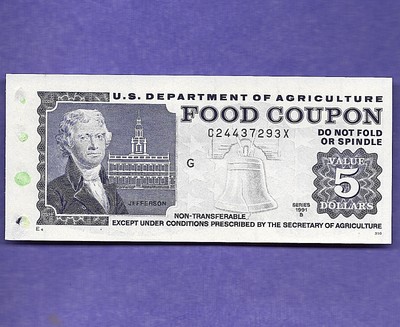 FOOD STAMP COUPON  UNC ONE 1991 B $5.00 C24437293X  MONTH G &  FRONT COVER