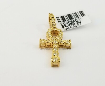 Pre-owned Globalwatches10 10k Yellow Gold 0.50 Ct Diamond Ankh Cross Men Women Charm Pendant 1.5" Realgold