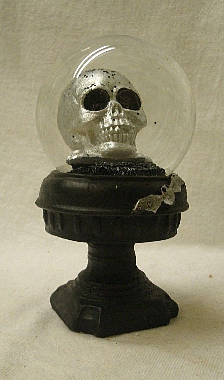 Skull Snow Globe on Pedestal Base silver & black glass & resin bat accent skulls