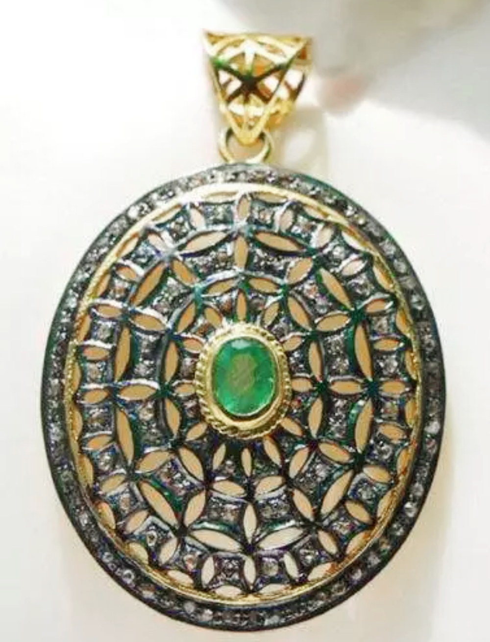 Pandent Natural Pave Diamond & Diamond Polki Emerald Sterling Silver Jewelry