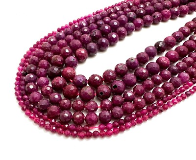 Natural Genuine Burma Myanmar Red Ruby Faceted Round Gemstone Beads - PG56C