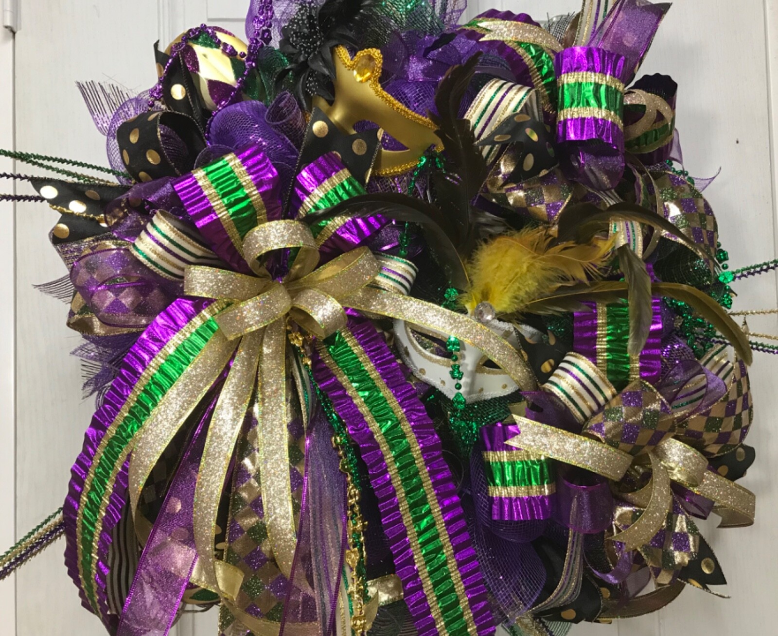 Mardi Gras wreath, Deco Mesh, green, purple, gold, feathered mask Ribbons, Beads