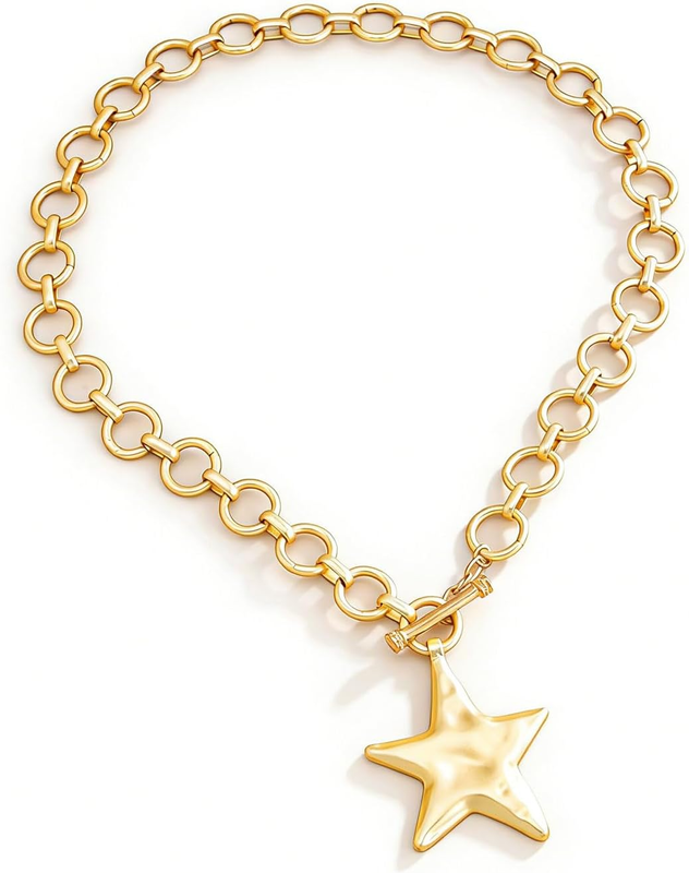 Chunky Gold Star Necklace Women Big Star Pendant Statement Toggle Chain Charm