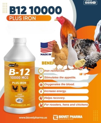 Liquid B-12 Rooster Iron Premium Supplement + Vitamin  K For All Poultry 500 ML 