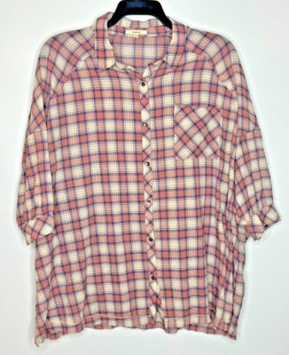 Easel Plaid Button Up Short Sleeve Lagen Look Oversized Women's Top Size Small