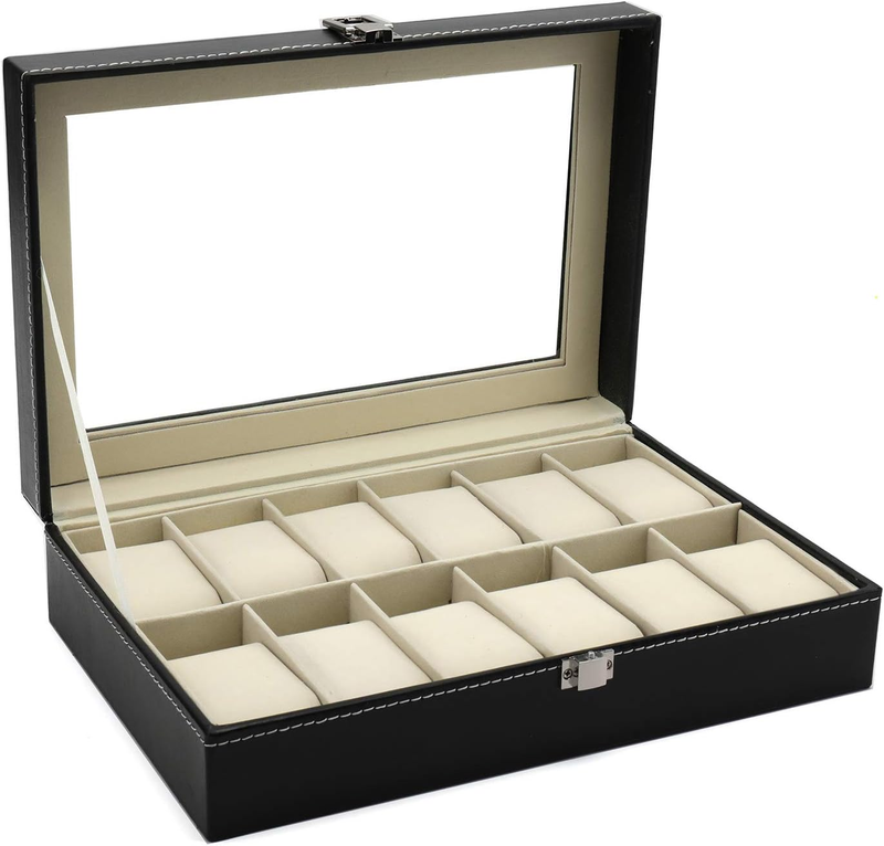 12 Slot Watch Box Leather Display Case Framed Glass Lid Lock Organizer Men Women