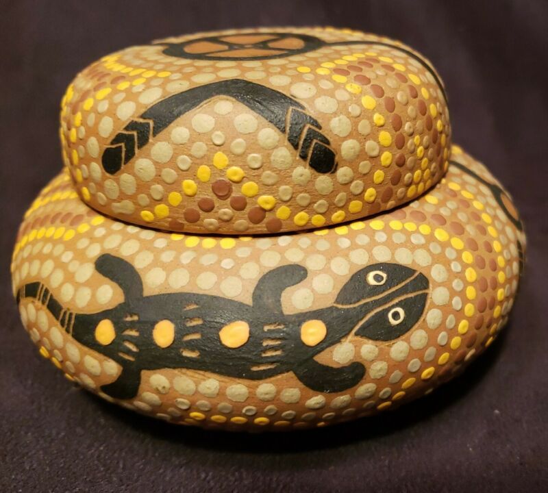 Australian Aboriginal Dot Art Pottery Cachepot & Lid Barefoot Artist Mark EUC