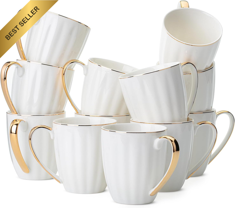 Btat White Coffee Mugs with Gold Rim, Set of 12, 12oz Porcelain Ceramic Cups