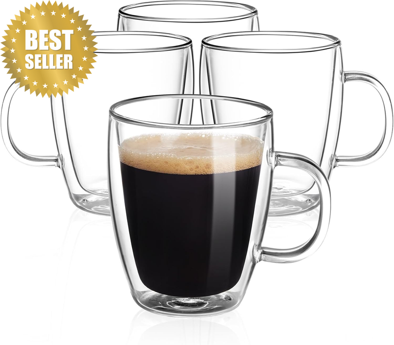 Double Wall Glass Coffee Mugs 350Ml(Set of 4) 12 Ounces-Clear Glass Coffee Cups