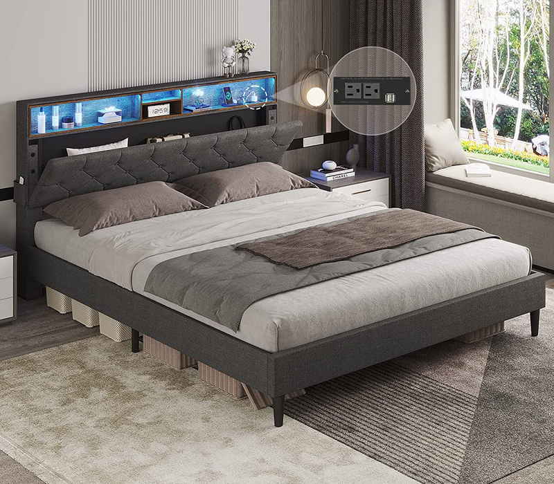 LED Bed Frame Full Size with Storage Headboard, Platform Bed Frame with Outlets