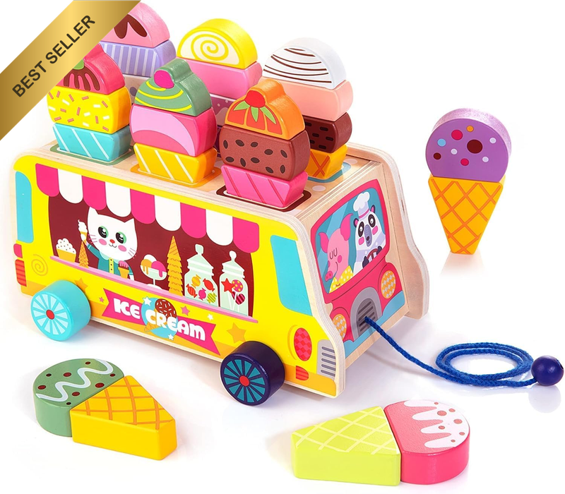 Wooden Toys Montessori Sorting & Stacking Toys for Toddler, Wooden Ice Cream Tru