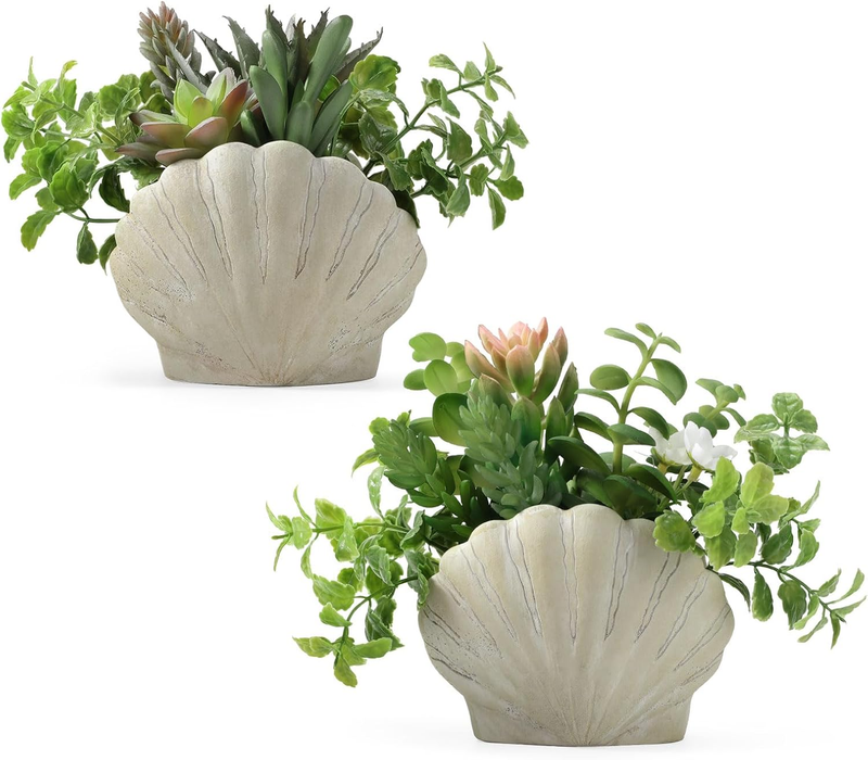 Lewondr Fake Plants Set of 2, Assorted Faux Succulents with Sea Shell Pots