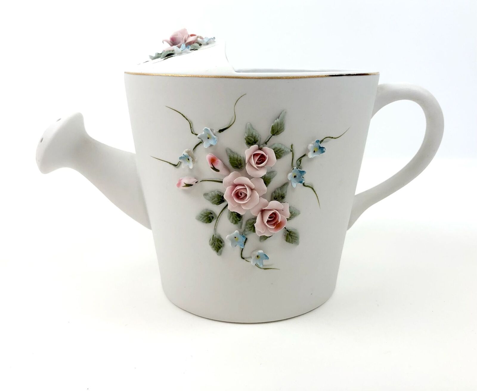 White Floral Watering Can Lefton China Home Decoration Hand Pa...