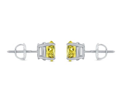 Pre-owned Shine Brite With A Diamond 2 Ct Round Cut Canary Earrings Studs Solid Real 950 Platinum Screw Back Basket In White