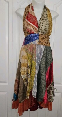 Jack Pot New York VTG 100% Silk Dress Abstract print patchwork Halter Maxi S/M